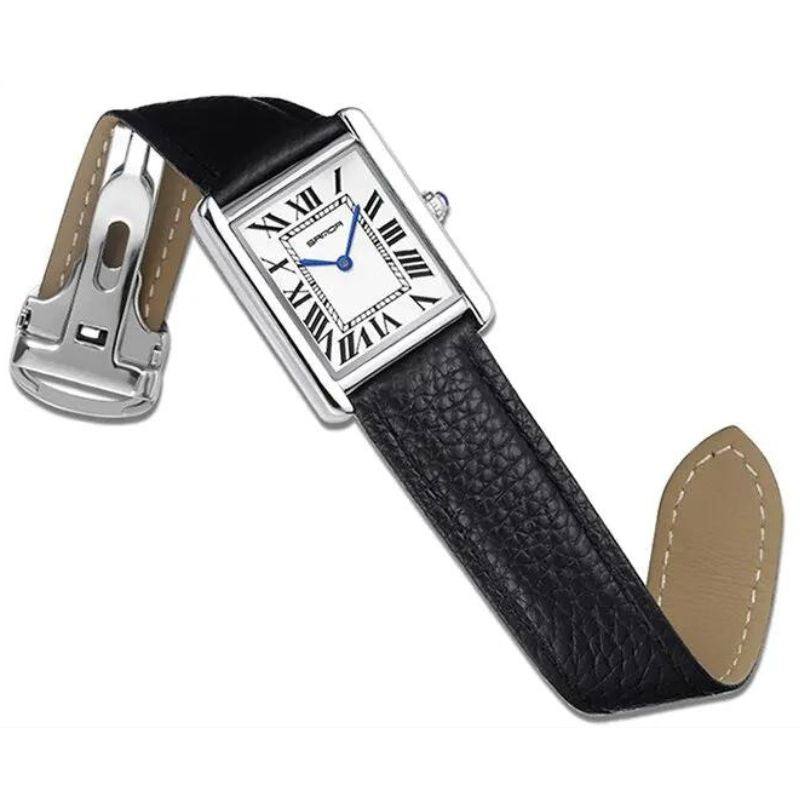 Square Timepiece in Stainless Steel and Black Leather | Solstice
