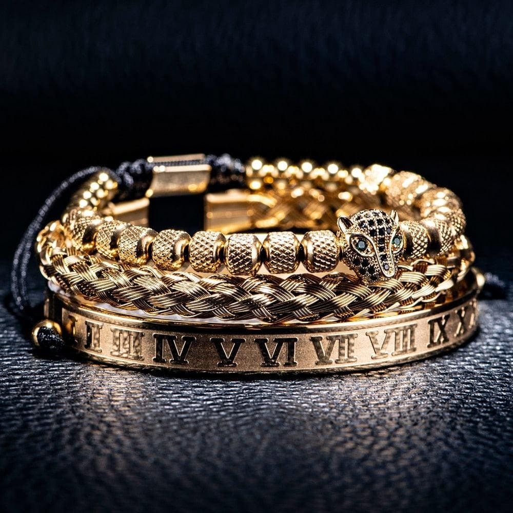 Set of 3 Luxe Panther Bracelets - Gold and Silver Stainless Steel with Sparkling Zirconium Crystals