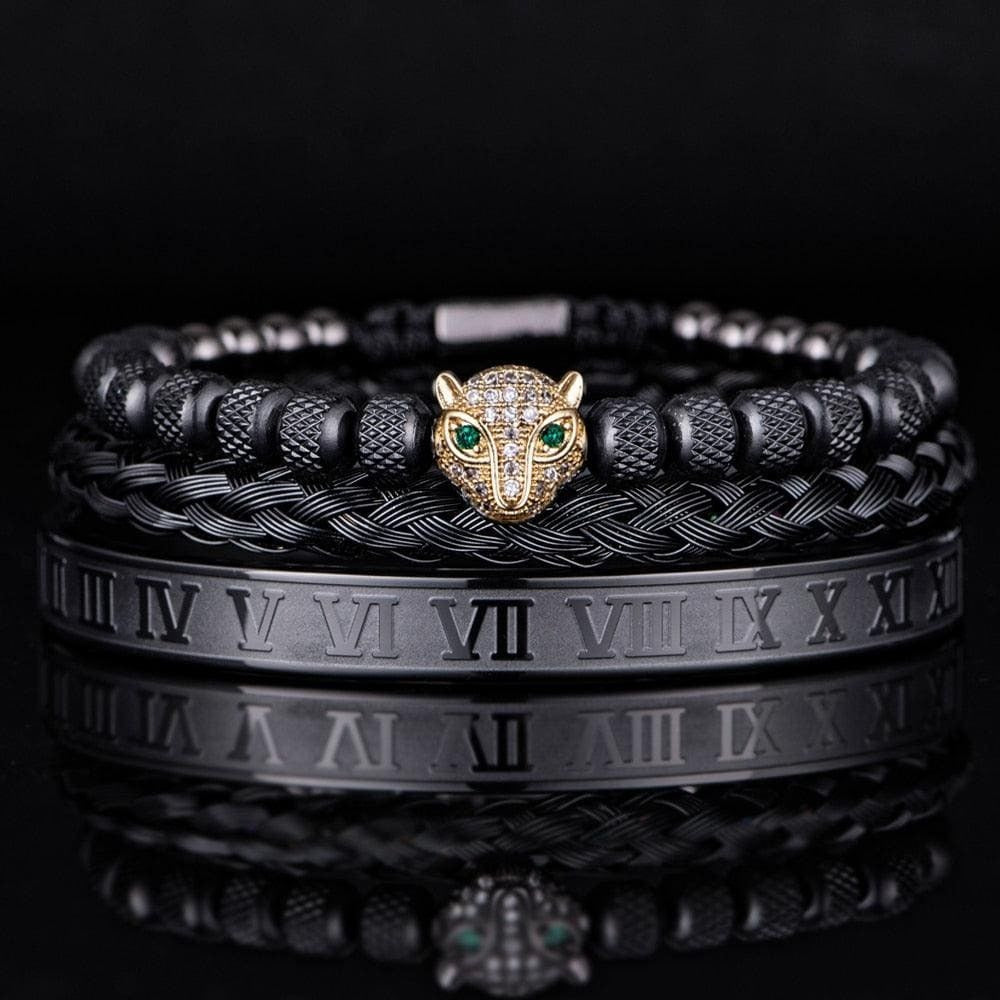 Set of 3 Luxe Panther Bracelets - Gold and Silver Stainless Steel with Sparkling Zirconium Crystals