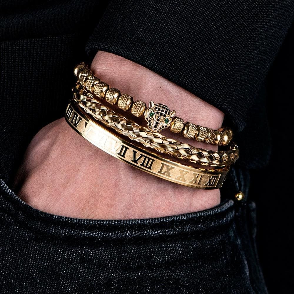 Set of 3 Luxe Panther Bracelets - Gold and Silver Stainless Steel with Sparkling Zirconium Crystals