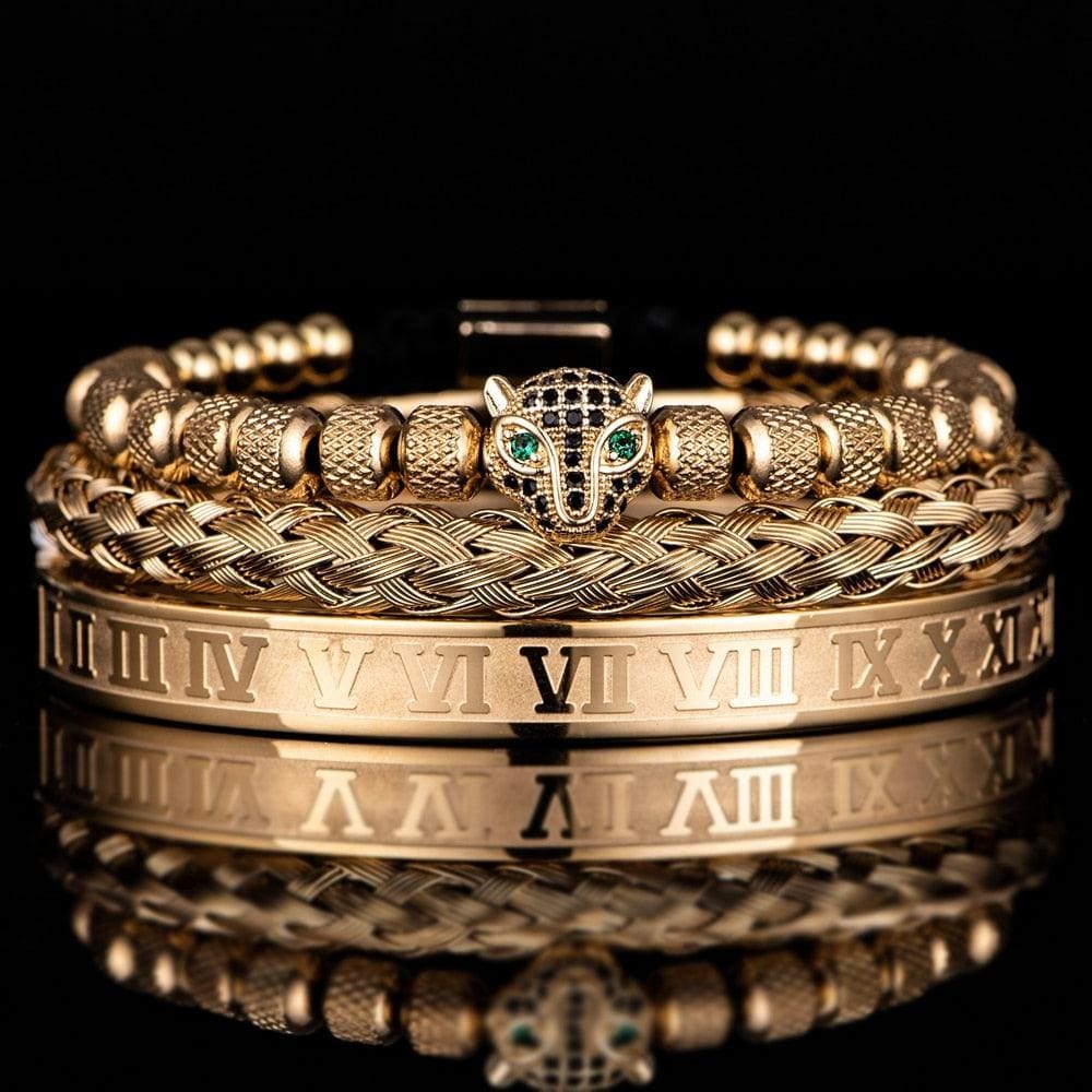 Set of 3 Luxe Panther Bracelets - Gold and Silver Stainless Steel with Sparkling Zirconium Crystals