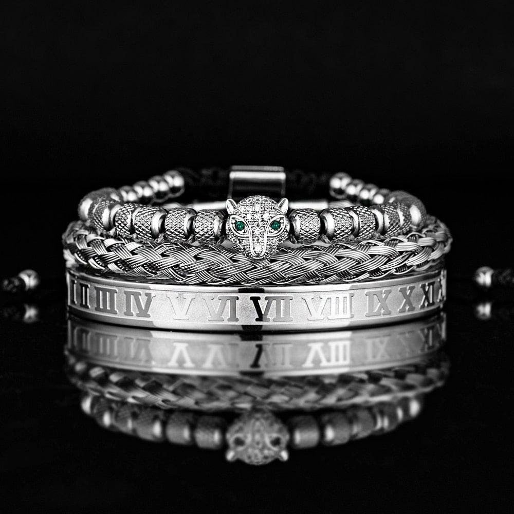 Set of 3 Luxe Panther Bracelets - Gold and Silver Stainless Steel with Sparkling Zirconium Crystals