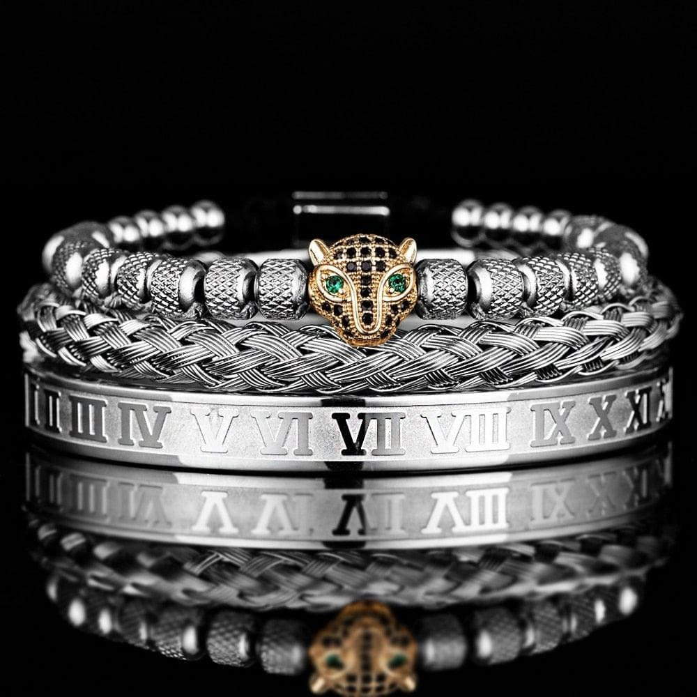 Set of 3 Luxe Panther Bracelets - Gold and Silver Stainless Steel with Sparkling Zirconium Crystals