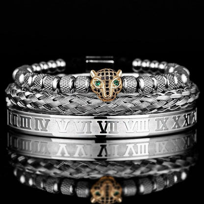 Set of 3 Luxe Panther Bracelets - Gold and Silver Stainless Steel with Sparkling Zirconium Crystals