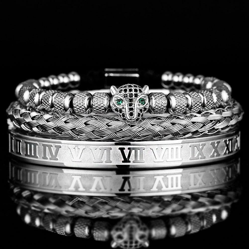 Set of 3 Luxe Panther Bracelets - Gold and Silver Stainless Steel with Sparkling Zirconium Crystals