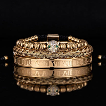 Set of 3 Luxe Panther Bracelets - Gold and Silver Stainless Steel with Sparkling Zirconium Crystals