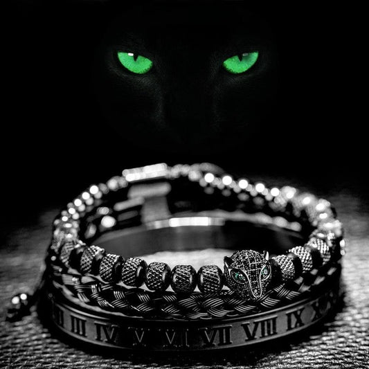 Set of 3 Luxe Panther Bracelets - Gold and Silver Stainless Steel with Sparkling Zirconium Crystals