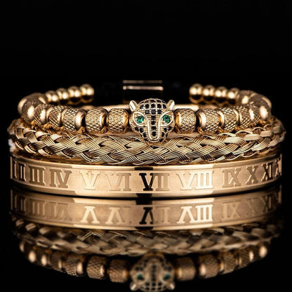 Set of 3 Luxe Panther Bracelets - Gold and Silver Stainless Steel with Sparkling Zirconium Crystals